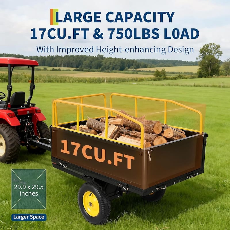 Heavy Duty 750 lbs Steel ATV Dump Trailer, Yard Utility Cart for Lawn Mower, Tractor