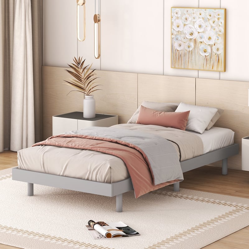 Modern Design Full Floating Platform Bed Frame,for All Ages,Non-Slip/Strong Wooden Slats - Grey