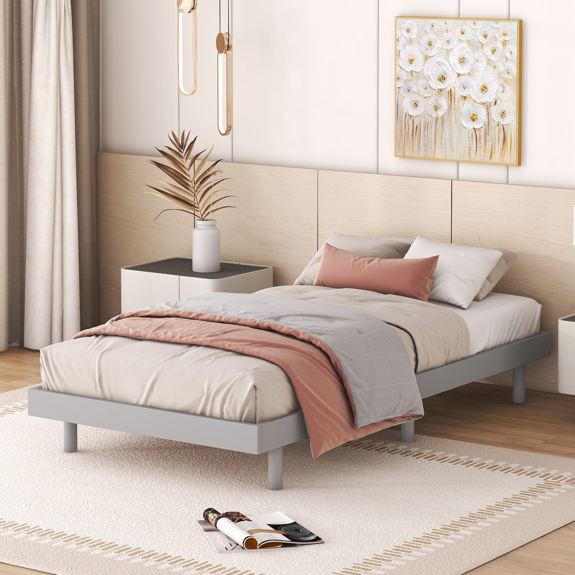 Modern Design Twin Size Floating Platform Bed Frame, Grey