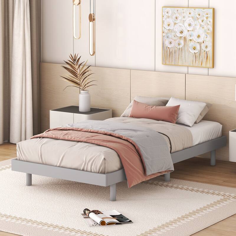 Twin Size Wood Floating Platform Bed - Grey - Twin