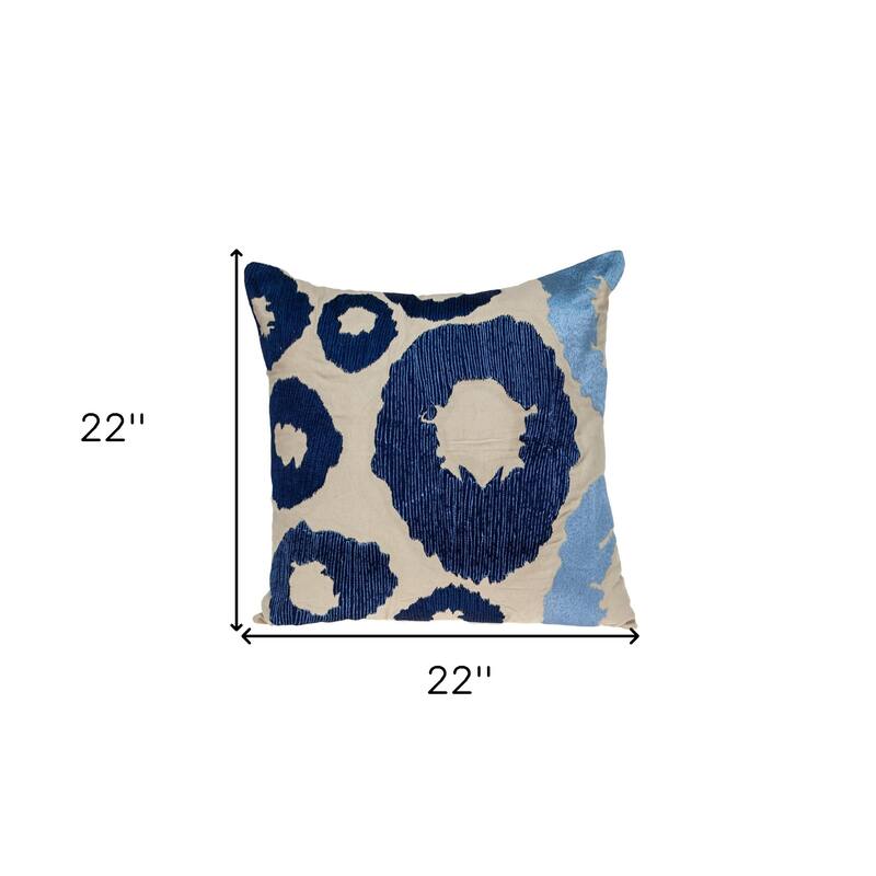 HomeRoots 22" Blue and Beige Abstract Cotton Throw Pillow With Embroidery