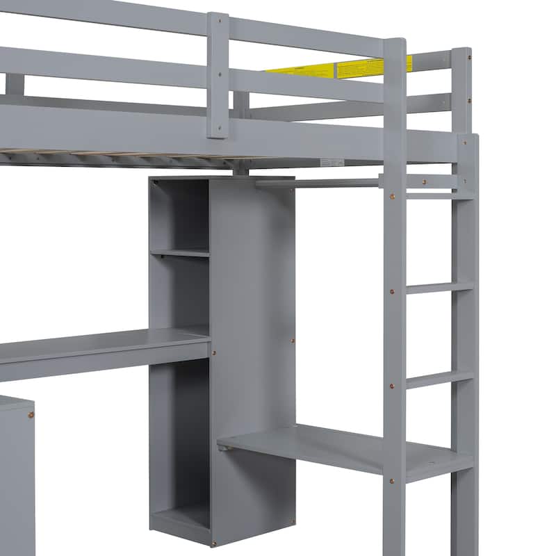 Solid Wood Loft Bed with L-shaped Desk & Storage