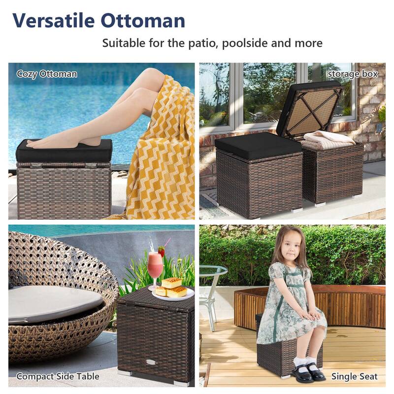 Costway 2PCS Patio Rattan Ottomans Seat Side Table Storage Box - See Details