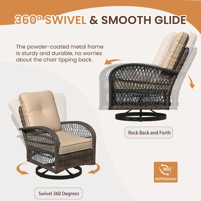Outdoor Swivel Rocker Bistro Set - 3 Piece Wicker Patio Set with Swivel Rocking Chairs, Cushions, and Tempered Glass Side Table