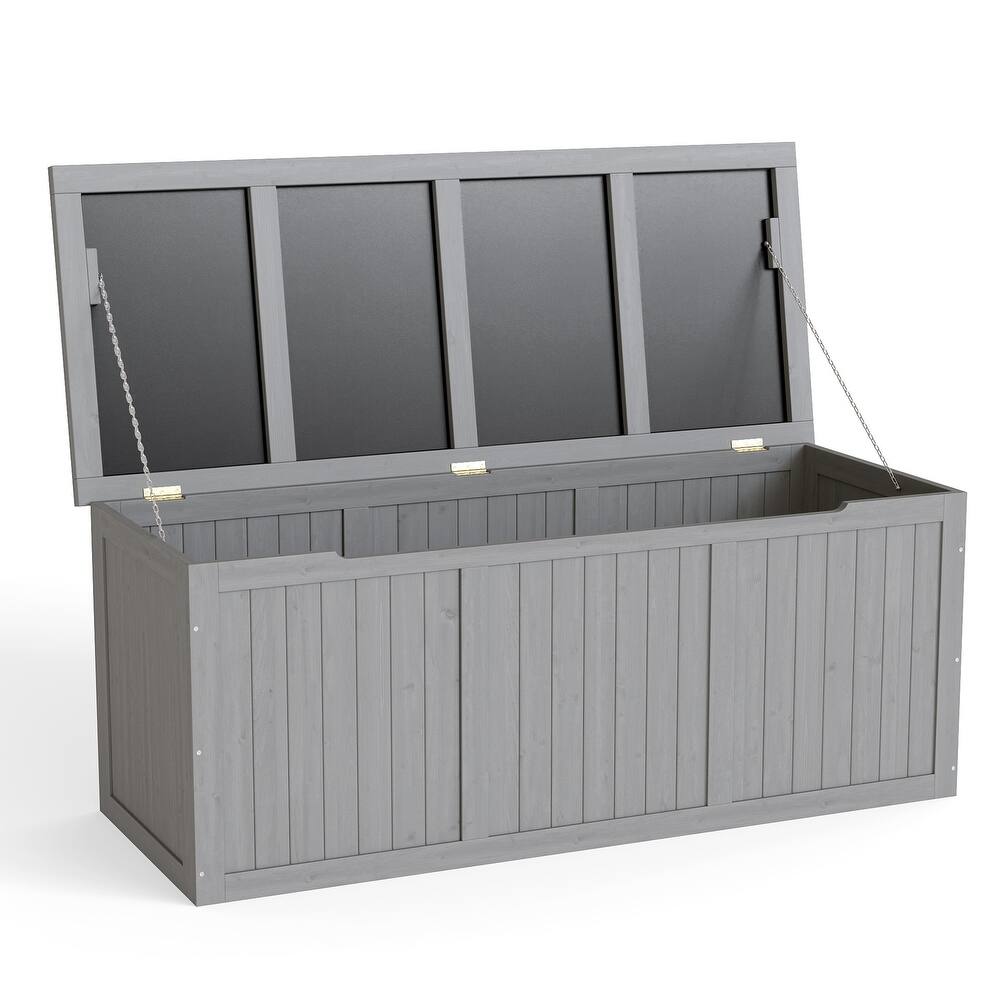 112 Gallon Wooden Deck Box Solid Wood Storage Box Seat & Table Top for Patio Furniture Cushions, Pool Toys & Garden Tools