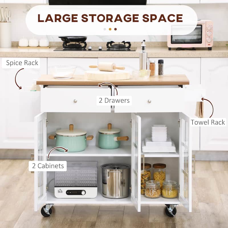 HOMCOM Rolling Kitchen Island with Storage, Utility Kitchen Cart with 2 Drawers, 2 Cupboards, White