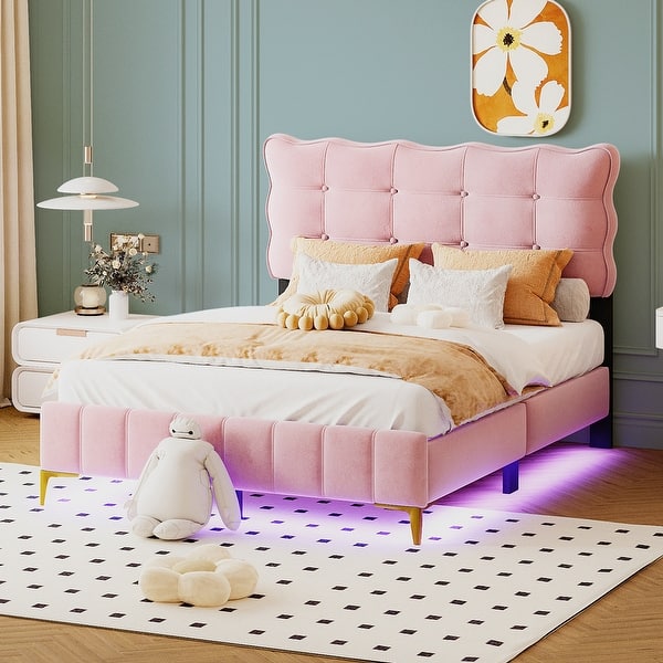 slide 2 of 9, Full Size Velvet Platform Bed with LED Frame and Stylish Mental Bed Legs, Pink