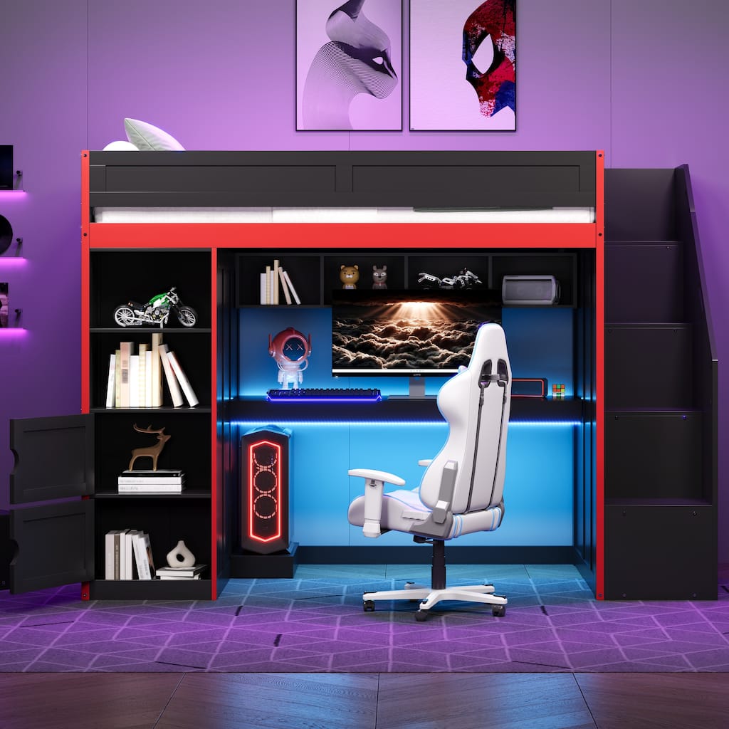 GDFStudio - GameZone Modern Wooden Gaming Loft Bed with Desk, Storage and LED Lighting