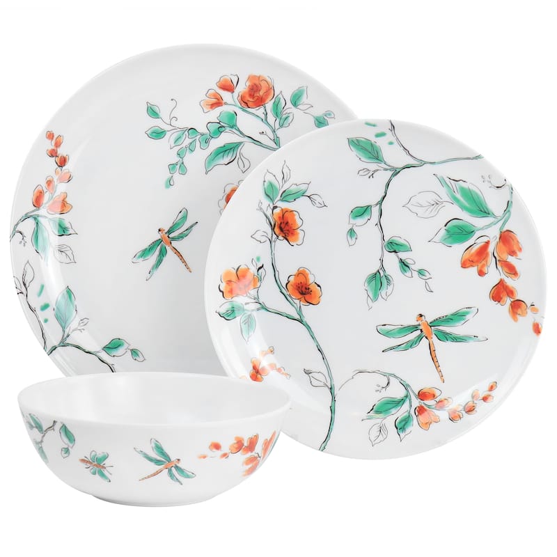 12 Piece Garden Trip Chip-Resistant Melamine Dinnerware Set in White