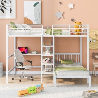 Full Over Twin Bunk Bed with Desk and Shelves, Space-Saving Design, White