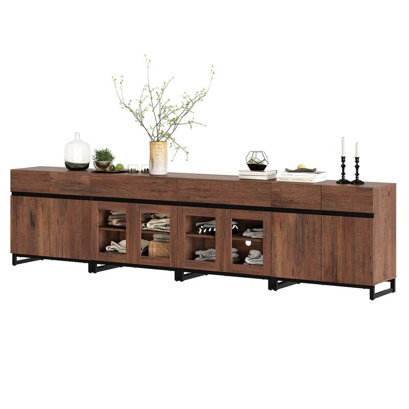 Modern TV Stand for 120" TVs, 4-in-1 Console with Glass Doors & 2 Drawers