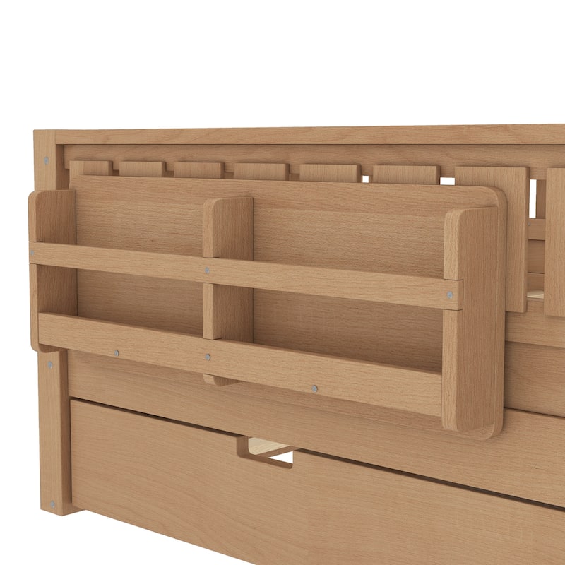 Full/Twin Size Wood Bed with Built-in Bookshelves and Storage Staircase, Safety Rails and Trundle Bed