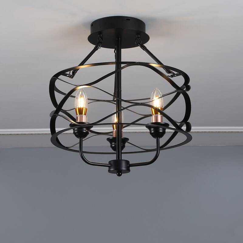 Modern Black Iron Frame 3-Light Semi Flush Mount Lighting Fixture