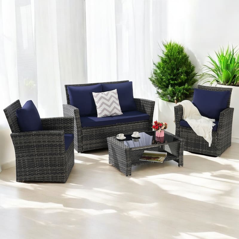 4-Piece Outdoor Patio Furniture Set, Garden Wicker Sofa with Poolside Lawn Chairs, Red Cushions, All-Weather Modular Design - Dark Blue