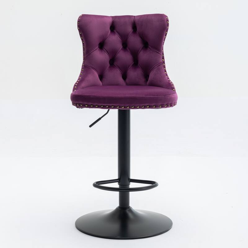 Set of 2 Swivel Velvet Bar Stools with Tufted Back, Adjustable Height 25-33" for Kitchen Island & Pub - Purple