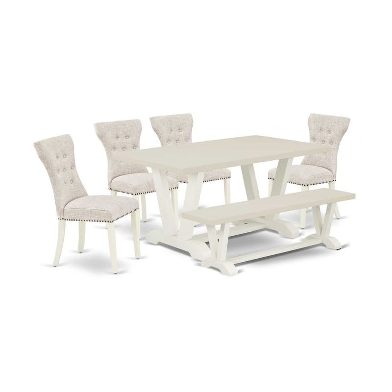 HomeStock 6-Pc Rectangle Natural Oak Finish Solid Wood Top Dining Table with 1-Bench, 4-Chairs