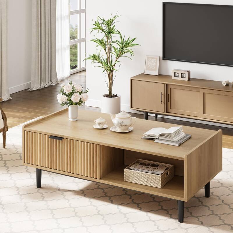 Center Table Fluted Coffee Table with Drawers