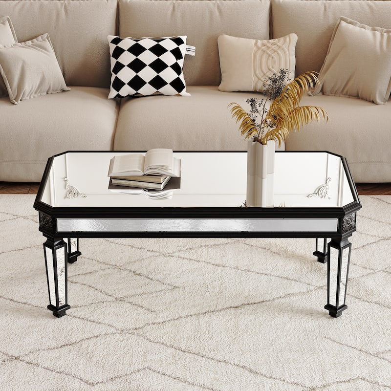 Homy Casa Silver Mirrored Coffee Table, Vintage Glass Center Table 48''