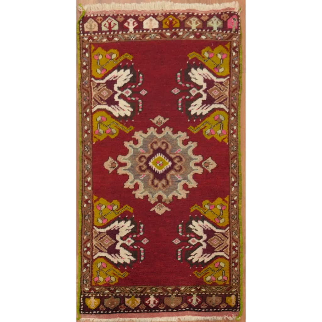 Hand Knotted Oriental 100% Wool Carpet Transitional Geometric Red Anatolian Area Rug - 3' 2'' X 1' 8''