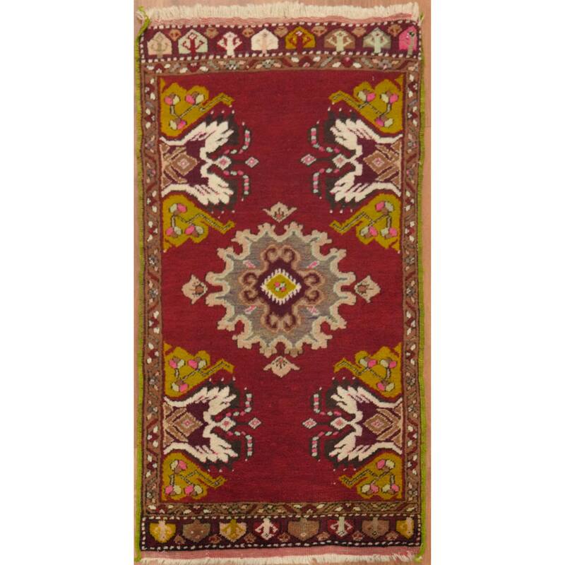 Hand Knotted Oriental 100% Wool Carpet Transitional Geometric Red Anatolian Area Rug - 3' 2'' X 1' 8''