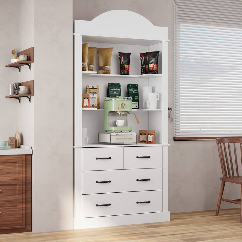 Coffee Cabinet with Hutch, Storage Drawers & Open Shelves, Kitchen Hutch Display Cabinet for Coffee Bar Pantry
