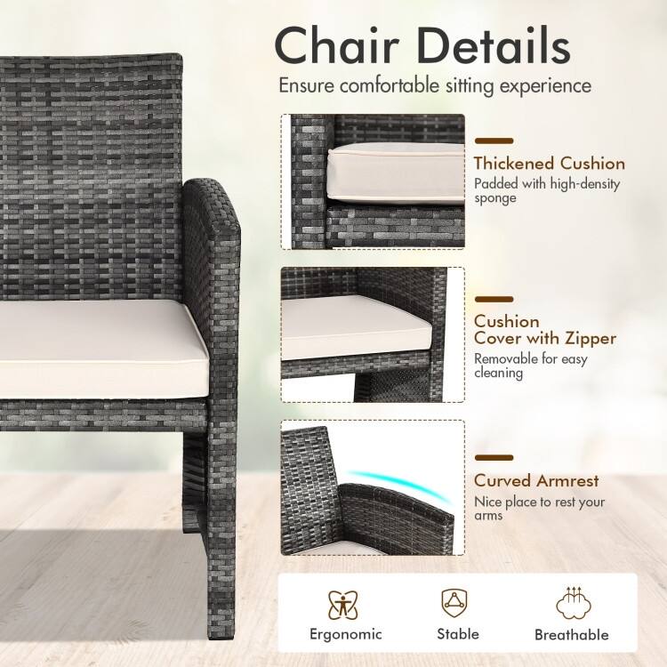 4 Pieces Patio Rattan Furniture Set with Glass Table and Loveseat - 43.5" x 25"x 31" (L x W x H)