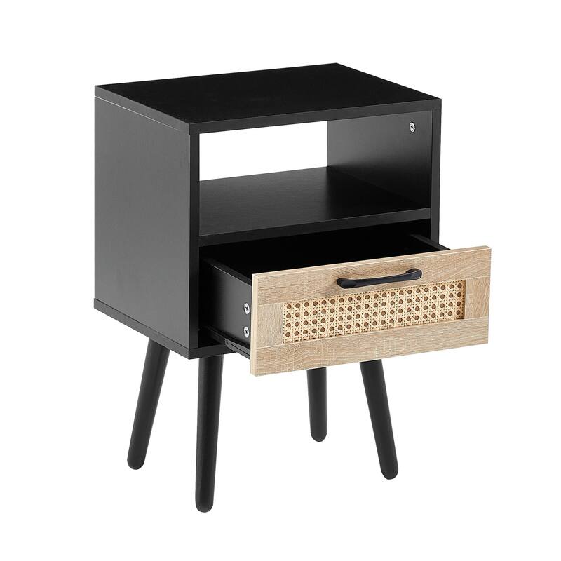 Rattan Nightstand with Drawer, Solid Wood Legs, 16"" Side Table