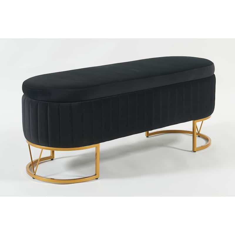 Oval Velvet Storage Bench with Metal Legs Upholstered Bedroom Bench, Modern Storage Ottoman Bench