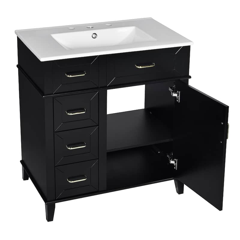 30" Bathroom Vanity with Ceramic Sink, Adjustable Shelf, Soft Close Door, and Three Soft Close Drawers