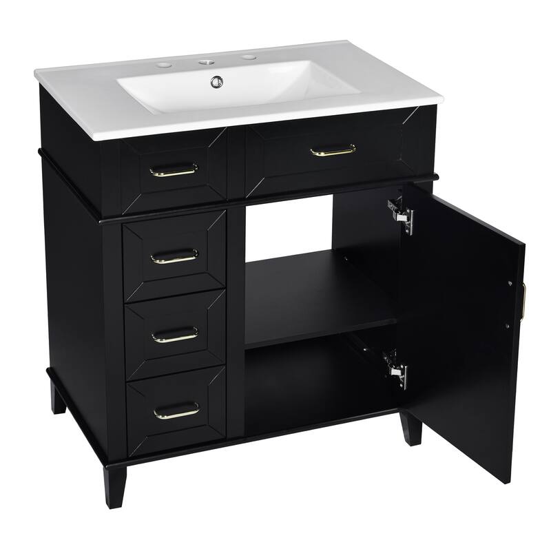 GDFStudio - Snowdon Transitional Freestanding Bathroom Vanity Cabinet with Ceramic Sink, Soft Close Drawers & Adjustable Storage