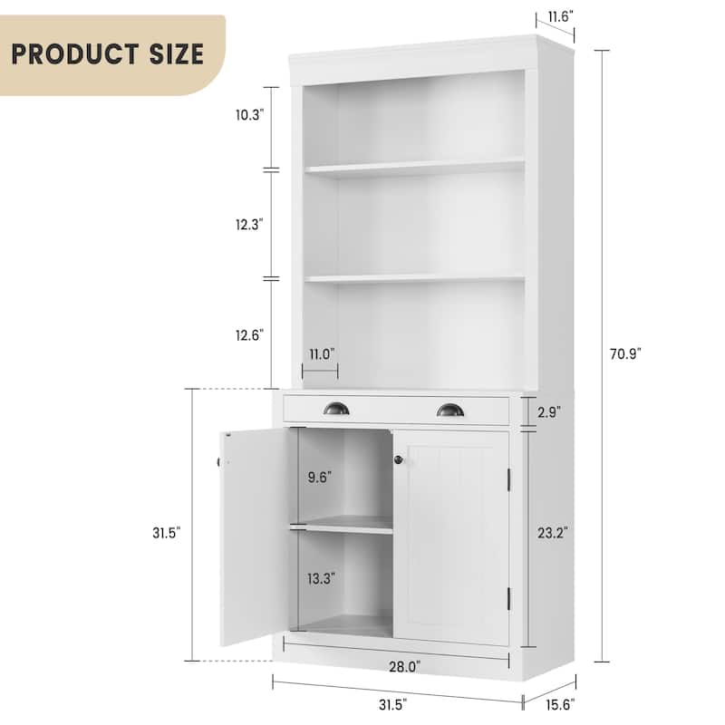 5-Tier Bookshelf, 70 Inch Tall Bookcase with 2 Doors and 1 Drawer, Modern Pantry Sideboard with Adjustable Shelf