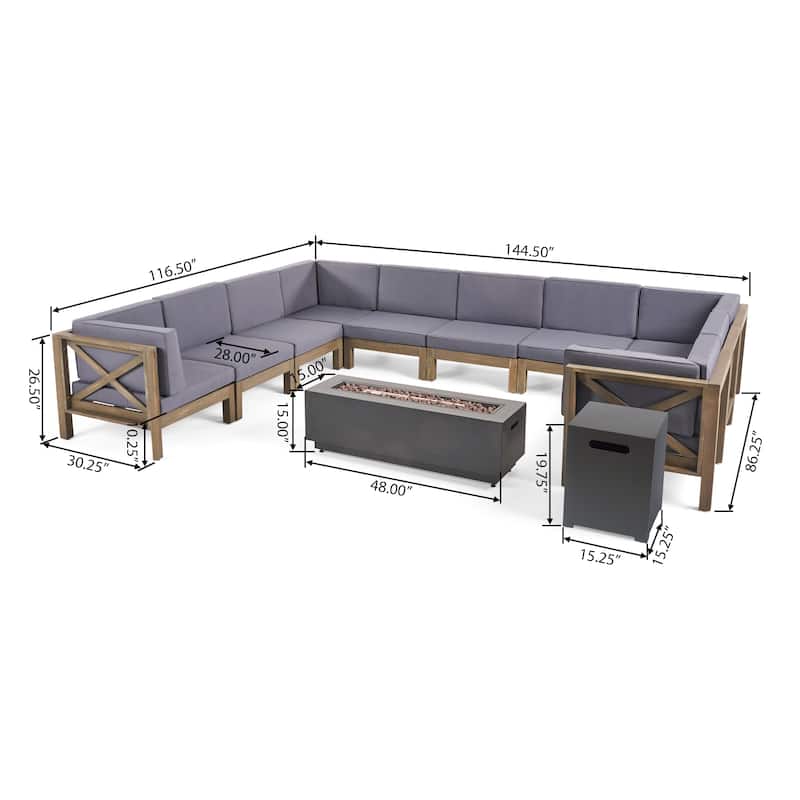 Comores Outdoor Acacia Wood 10 Seater U-Shaped Sectional Sofa Set with Fire Pit by Christopher Knight Home