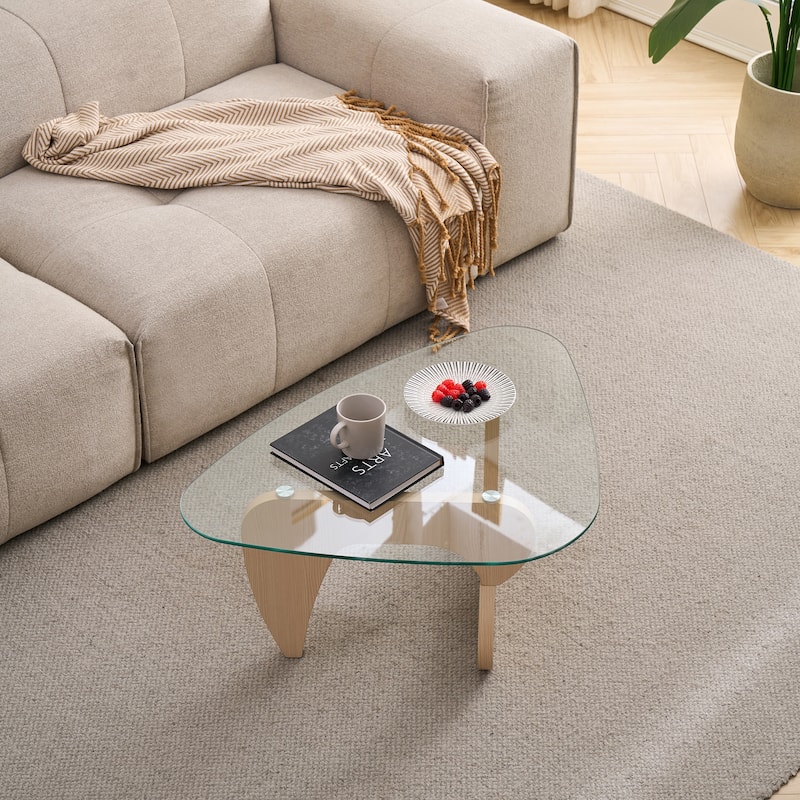 Farmhouse Glass Top Small Coffee Tables, Wood Center Table - Clear+Natural(35.82")