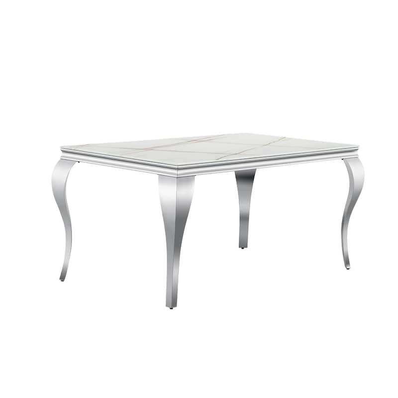Luxury White Tempered Glass Dining Table with Metal Legs - Silver