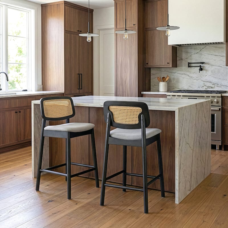 Set of 2 Azuka Gray Fabric Counter Stool with Rattan Back and Black Wood Legs