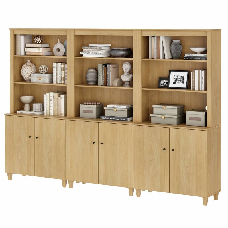 Modern 71" Tall Bookcase with Shelves & Storage Cabinet for Home Office - 3 Column 5-Tier - Oak Wood