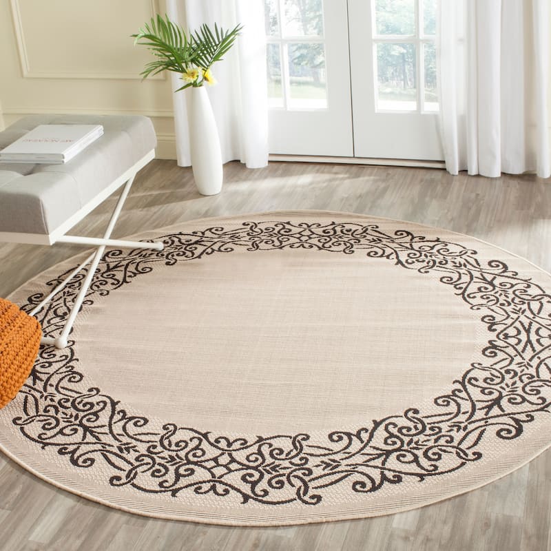 SAFAVIEH Courtyard Marylou Waterproof Patio Backyard Rug - 5'3" x 5'3" Round - Sand/Black