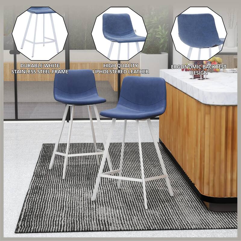 Elland Leather Bar Stool - Modern Counter Height Stool with White Stainless Steel Legs for Kitchen Island or Home Bar Set of 2