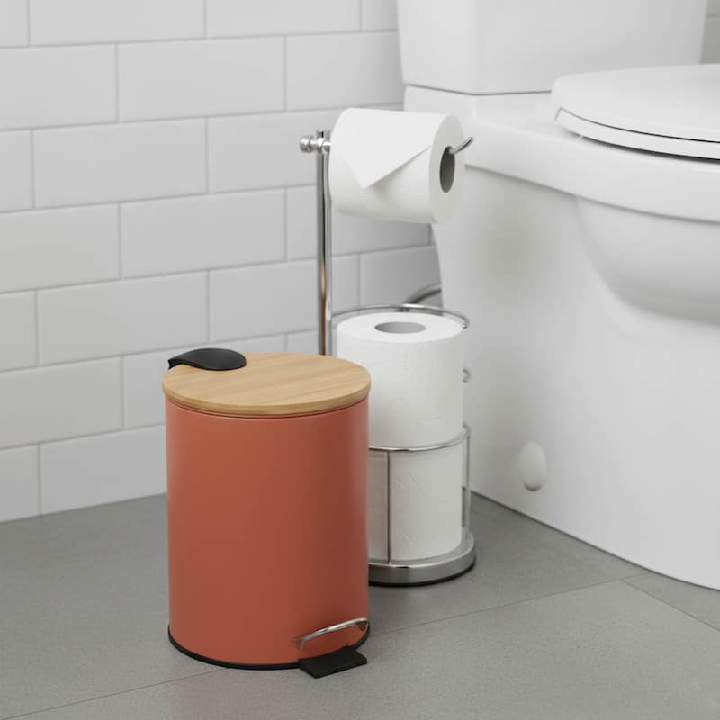 Stylish Trash Can with Bamboo Lid and Pedal, 2.5L Capacity - 9.2" H x 8" L x 8" W - Terracotta