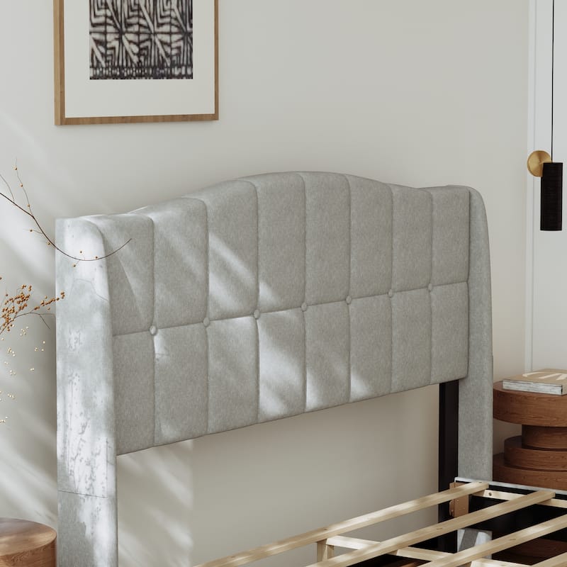 Upholstered Platform Bed Frame with Wingback Headboard and Wooden Slats