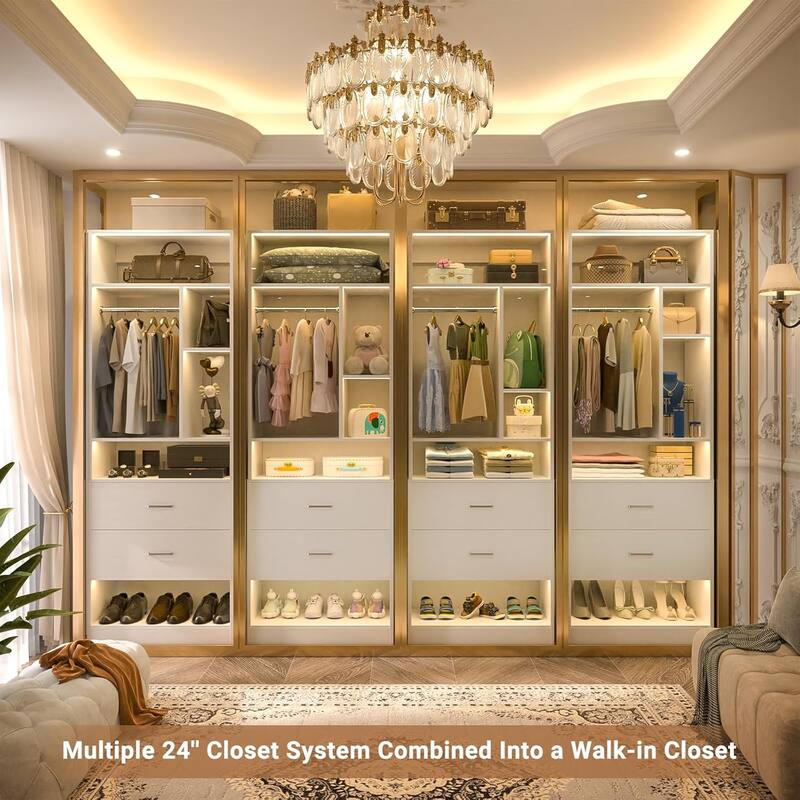 Kyrvo Freestanding 24" Closet System with 2 Wood Drawers,2FT Heavy Duty Walk-in Closet Organizer with 6 Shelves & Hanging Rod