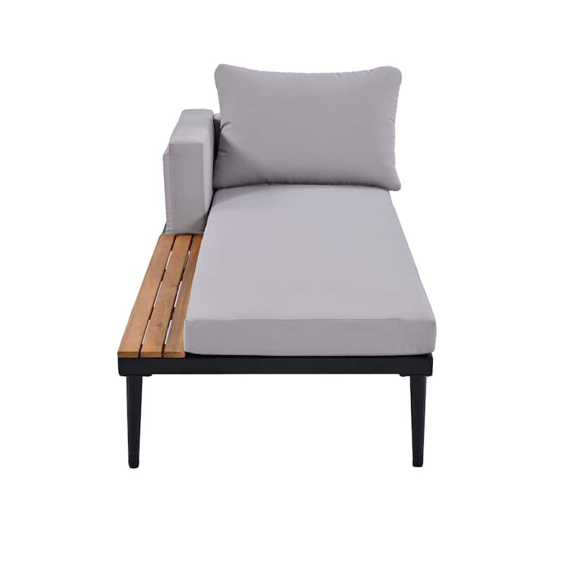 Modern Outdoor Daybed Patio Metal Daybed with Wood Topped Side Spaces for Drinks, 2 in 1 Padded Chaise Lounges