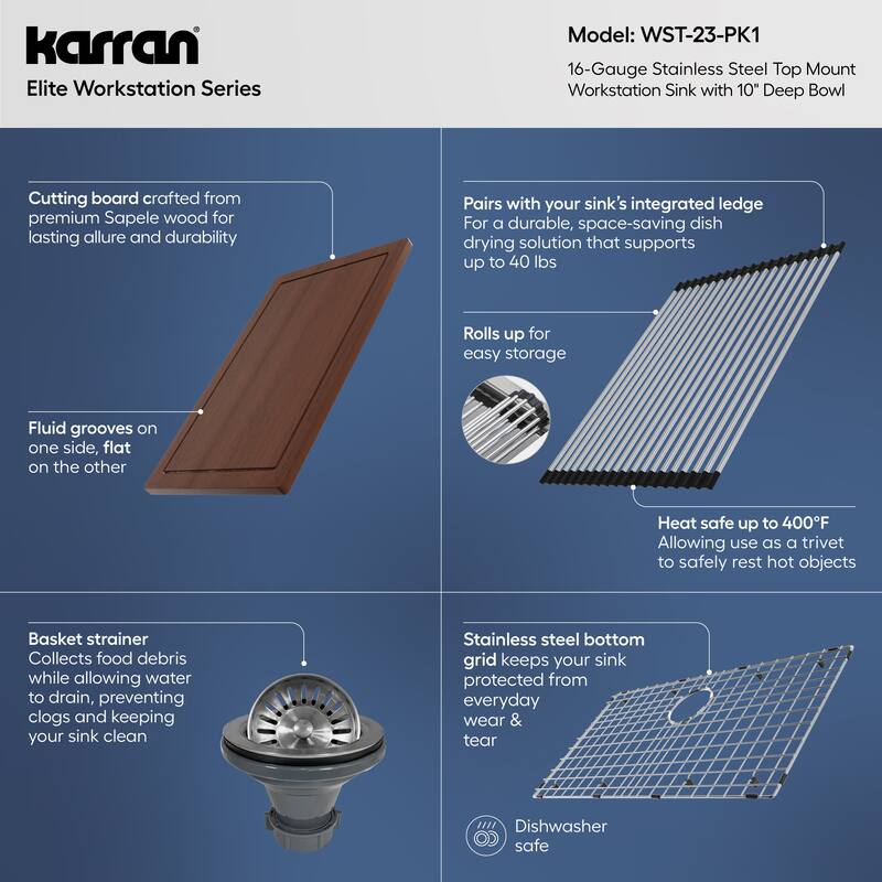 Karran Elite WST-23-PK1 Top Mount 33" Single Bowl Stainless Steel Workstation Kitchen Sink