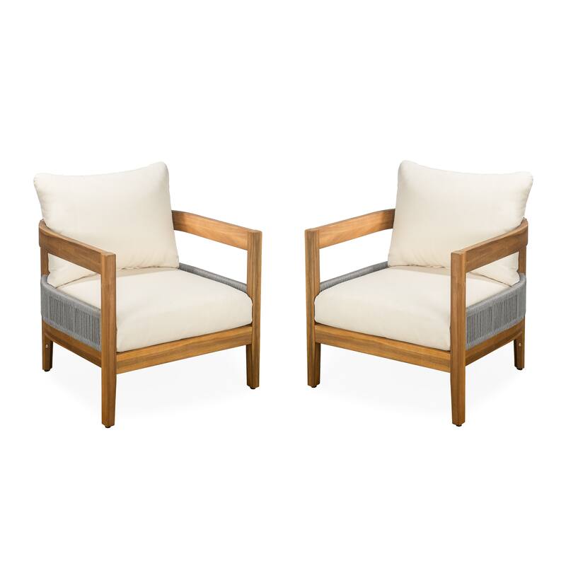 Roomfitters Porto Outdoor Club Chair with Cushion, Acacia Wood Frame, Patio Lounge Seating, Teak + Beige