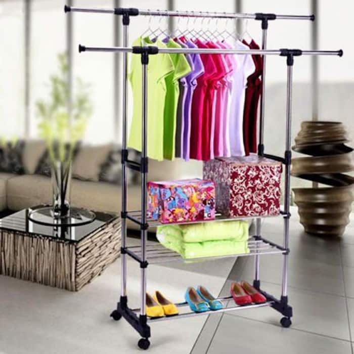 Dual-bar Stretching Stand Clothes Rack with Shoe Shelf