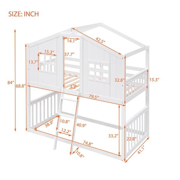 dimension image slide 1 of 3, Twin Over Twin House Bunk Bed With Ladder and Fence Wood White Modern Contemporary Urban