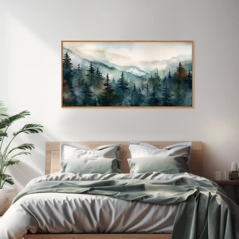 Nature Landscape Wall Decor, Foggy Mountain Pine Trees Wall Painting
