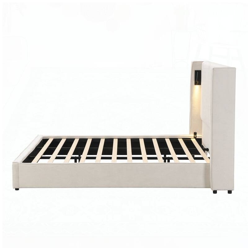 Upholstered Bed Frame with High Wingback Headboard,Reading Lamp and USB port