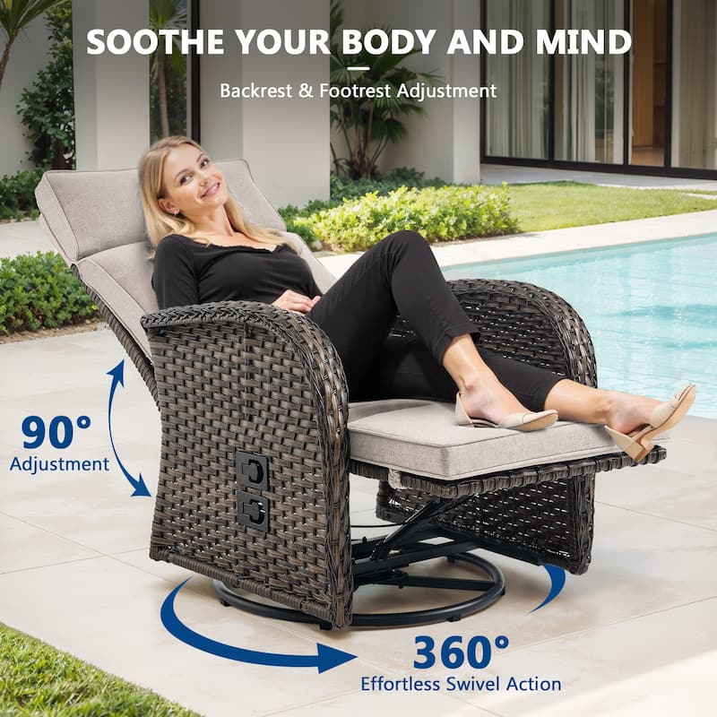 Meyreso 2-Piece Wicker Swivel Reclining Chaise Lounge with Adjustable Backrest & Footrest