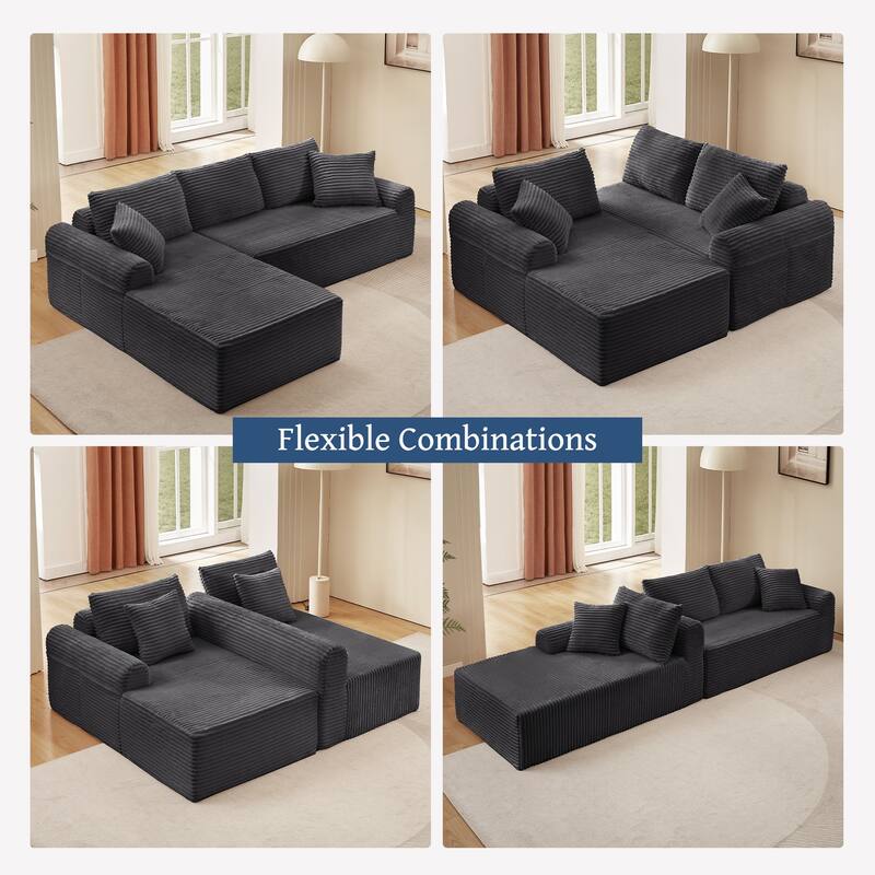 Modular Corduroy Sectional Sofa with Arched Armrests & Pillows, Modern L-Shape Upholstered Couches with Chaise for Apartment